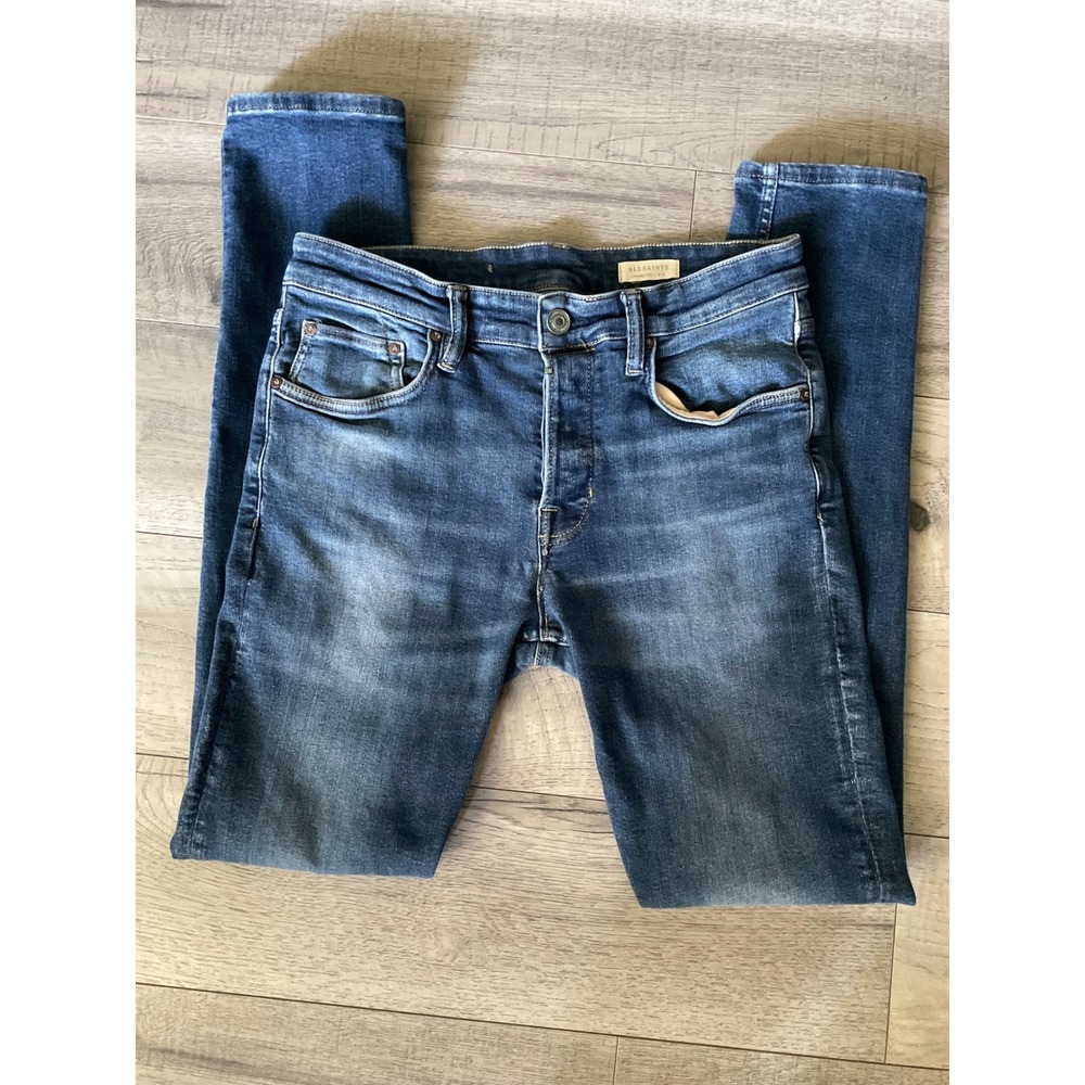 AllSaints Cigarette Skinny Jeans Mens 32 Blue Denim Button Fly Slim Fit